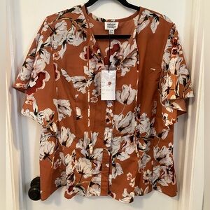 Unique Vintage Brown and White Buttoned Tie Front Blouse